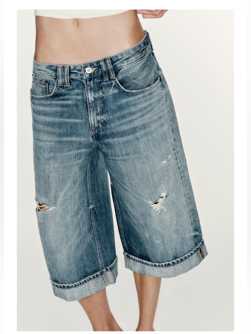 ZARA TRF MID RISE RIPPED DENIM JORTS - Picture 2 of 13